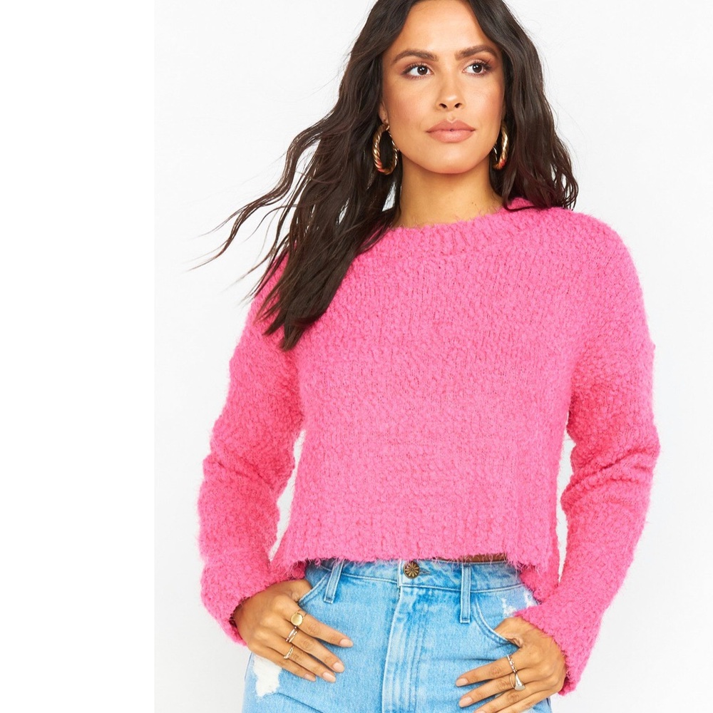 Show Me Your Mumu Varsity Cropped Sweater hot pink